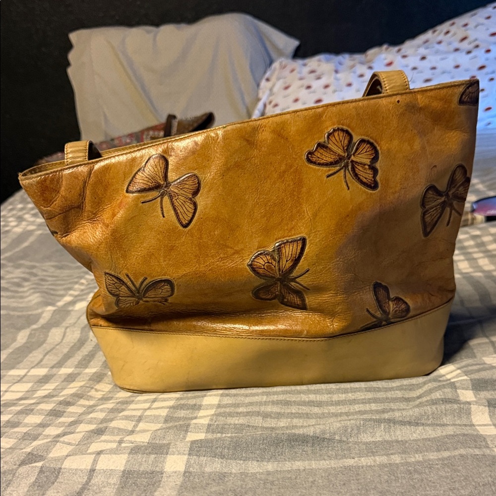 Butterfly Embossed Brown Leather Tote